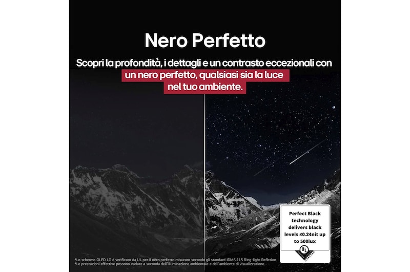 Salotto con LG OLED TV a parete. Sul televisore si vede una catena montuosa in un cielo scuro e pieno di stelle. Questa scena è divisa a metà per mostrare come il Nero perfetto offra livelli di nero reali, sia in ambienti luminosi sia in quelli bui. Un lato della scena mostra una versione più opaca e grigia del panorama, etichettato schermo Opaco. L’altro lato un’immagine più gradevole con una gamma dinamica più ampia di neri e bianchi. Questo schermo viene etichettato come Nero perfetto. Anche la certificazione del logo è visibile, la tecnologia Nero perfetto offre livelli di nero inferiori o uguali a 0,24 nit fino a 500 lux. Al suo fianco compare un fumetto che riporta il testo seguente: controlla il marchio di certificazione del Nero perfetto.